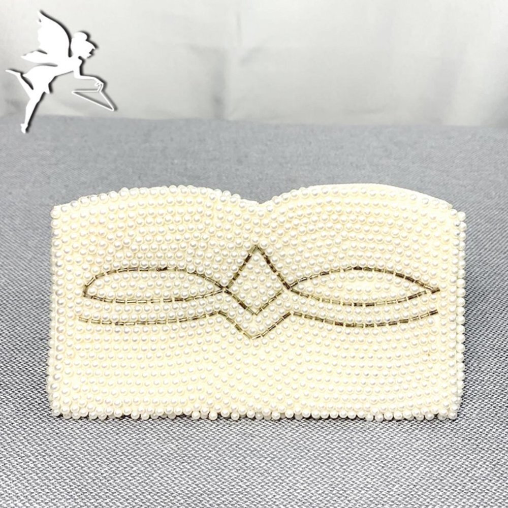 VINTAGE Art Deco off white pearl beaded zipper coin purse